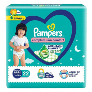 “Pampers All-Round Protection Pants pack with Aloe Vera lotion and 12-hour absorption, Close-up of Pampers diaper pant showing extra soft topsheet and Anti-Rash Blanket, Pampers All-Round Protection Pants packaging highlighting Magic Gel technology and leak-proof design, Baby sleeping peacefully wearing Pampers All-Round Protection Pants, Mother holding Pampers All-Round Protection Pants pack in a nursery, Infographic showing 12-hour absorption and 100% wetness lock Magic Gel technology, Aloe Vera lotion-infused topsheet of Pampers preventing rashes and soothing baby skin, Pampers All-Round Protection Pants night-time nursery scene for overnight protection.”