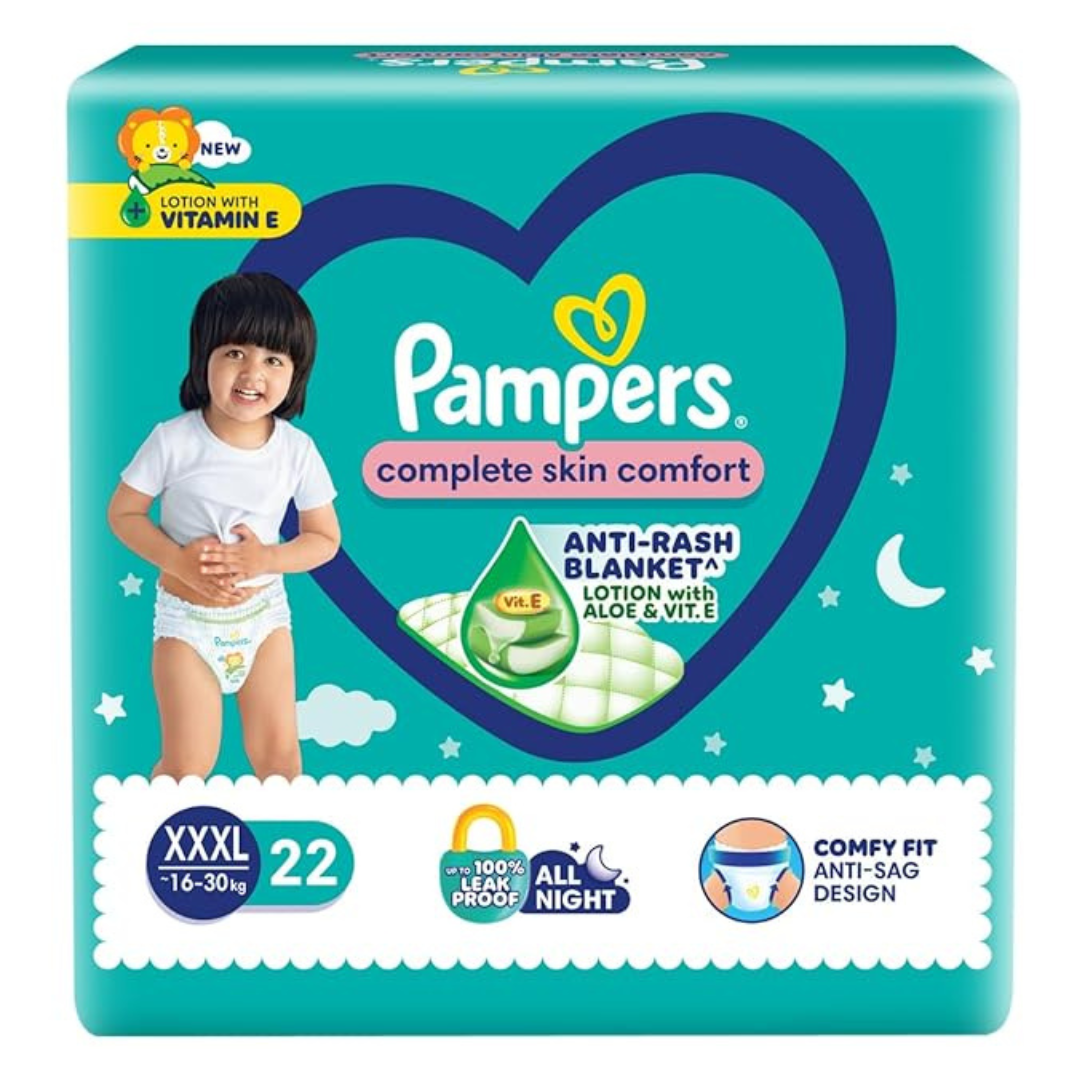 “Pampers All-Round Protection Pants pack with Aloe Vera lotion and 12-hour absorption, Close-up of Pampers diaper pant showing extra soft topsheet and Anti-Rash Blanket, Pampers All-Round Protection Pants packaging highlighting Magic Gel technology and leak-proof design, Baby sleeping peacefully wearing Pampers All-Round Protection Pants, Mother holding Pampers All-Round Protection Pants pack in a nursery, Infographic showing 12-hour absorption and 100% wetness lock Magic Gel technology, Aloe Vera lotion-infused topsheet of Pampers preventing rashes and soothing baby skin, Pampers All-Round Protection Pants night-time nursery scene for overnight protection.”